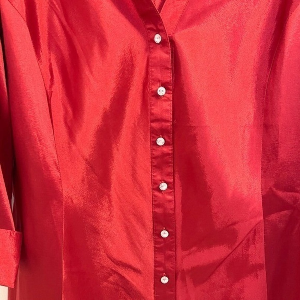 Blue Diamond Stretch Red Shiny‎ V-Neck 3/4 Sleeve Button Down Shirt Blouse Top L - Picture 5 of 7